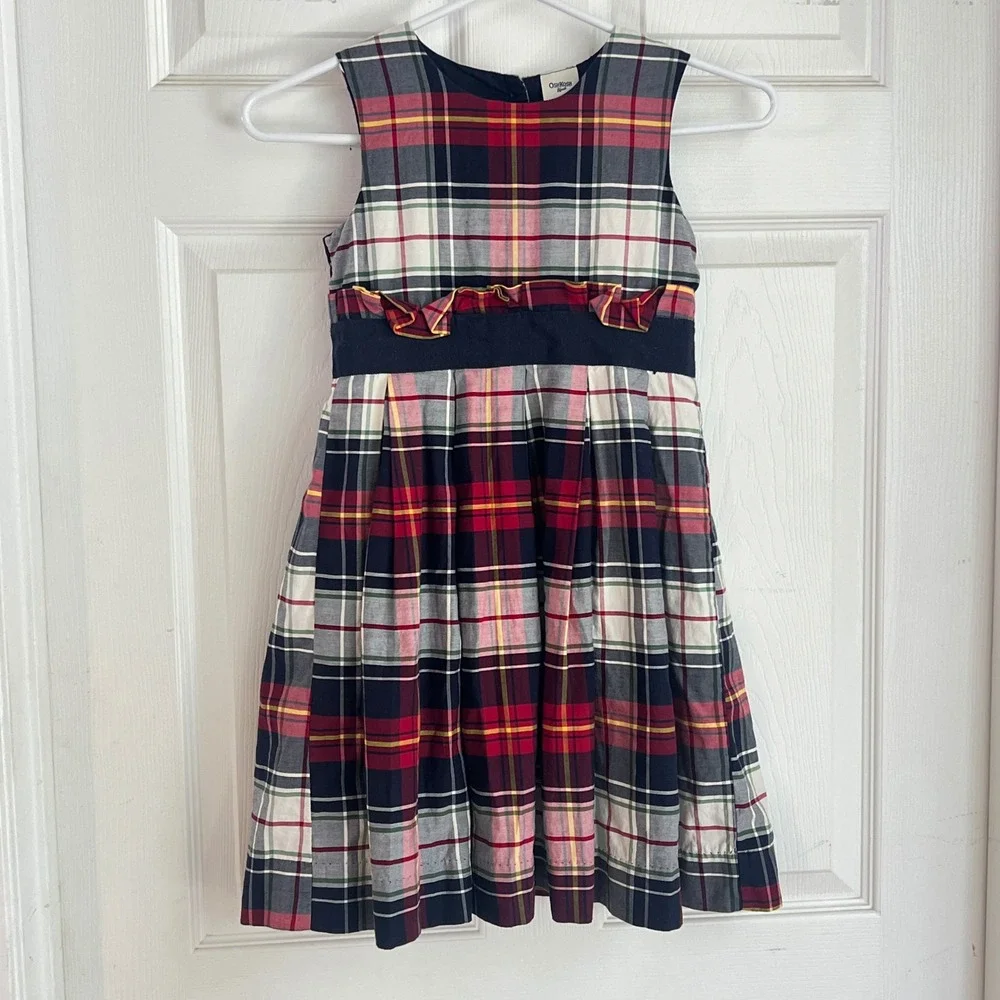 OshKosh B'gosh Plaid Dress Girls 7 Sleeveless Ruffle Waist Red Tartan